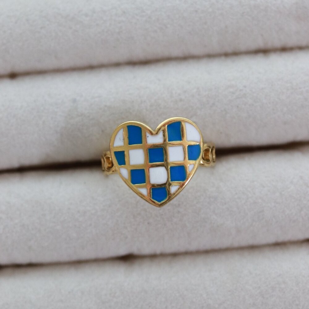 Blue/White Checkered Style Heart Shape Ring 18k Gold Plated Stainless Steel